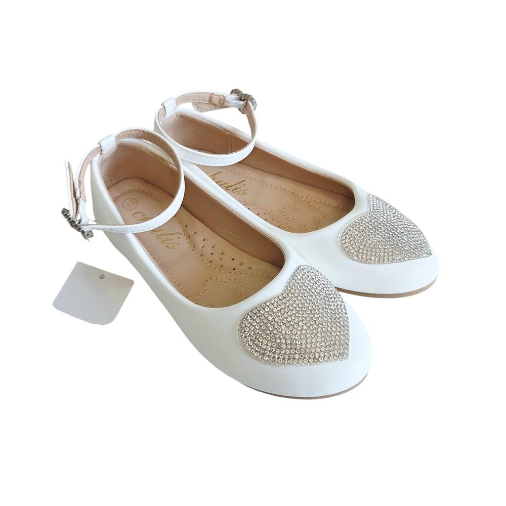 New Crystal Embellished While Ballet Shoes With Ankle Strap Little Girl Size 13 - Picture 2 of 9